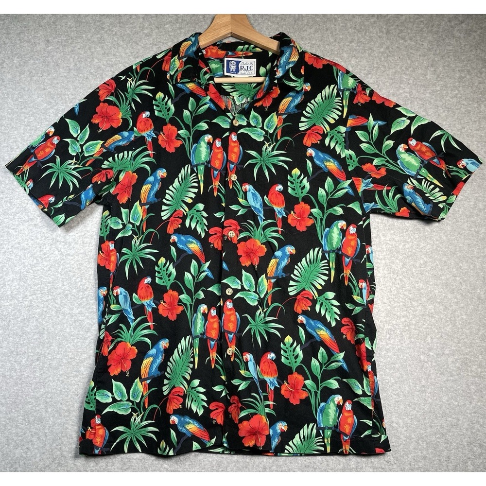 VTG‎ RJC Hawaiian Shirt L USA Parrots Hibiscus Floral Aloha Black Pocket Match